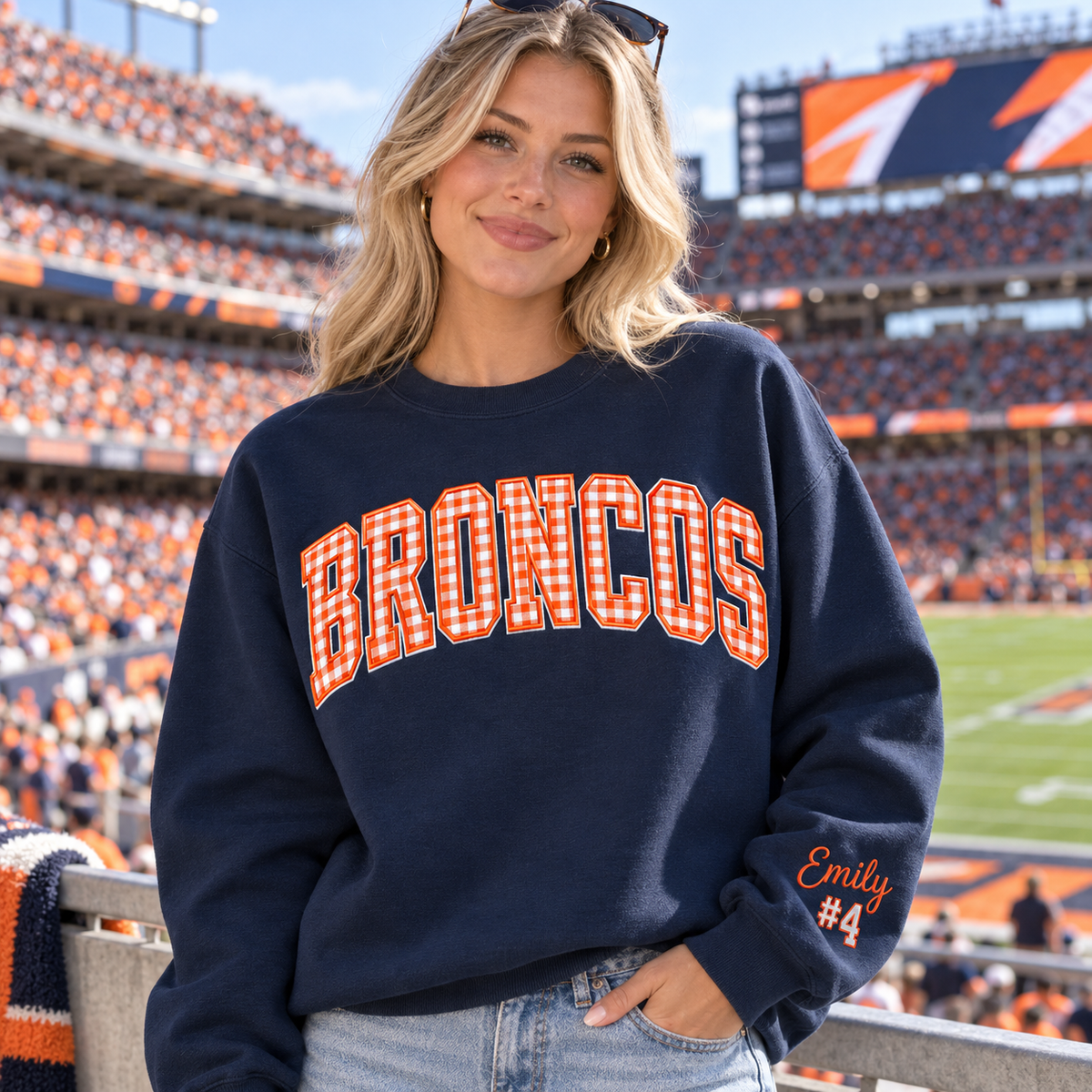 Custom Embroidered Gingham Football Sweatshirt, Personalized Football Family Crewneck, Matching Game Day Outfit, Varsity Stadium Spirit Wear