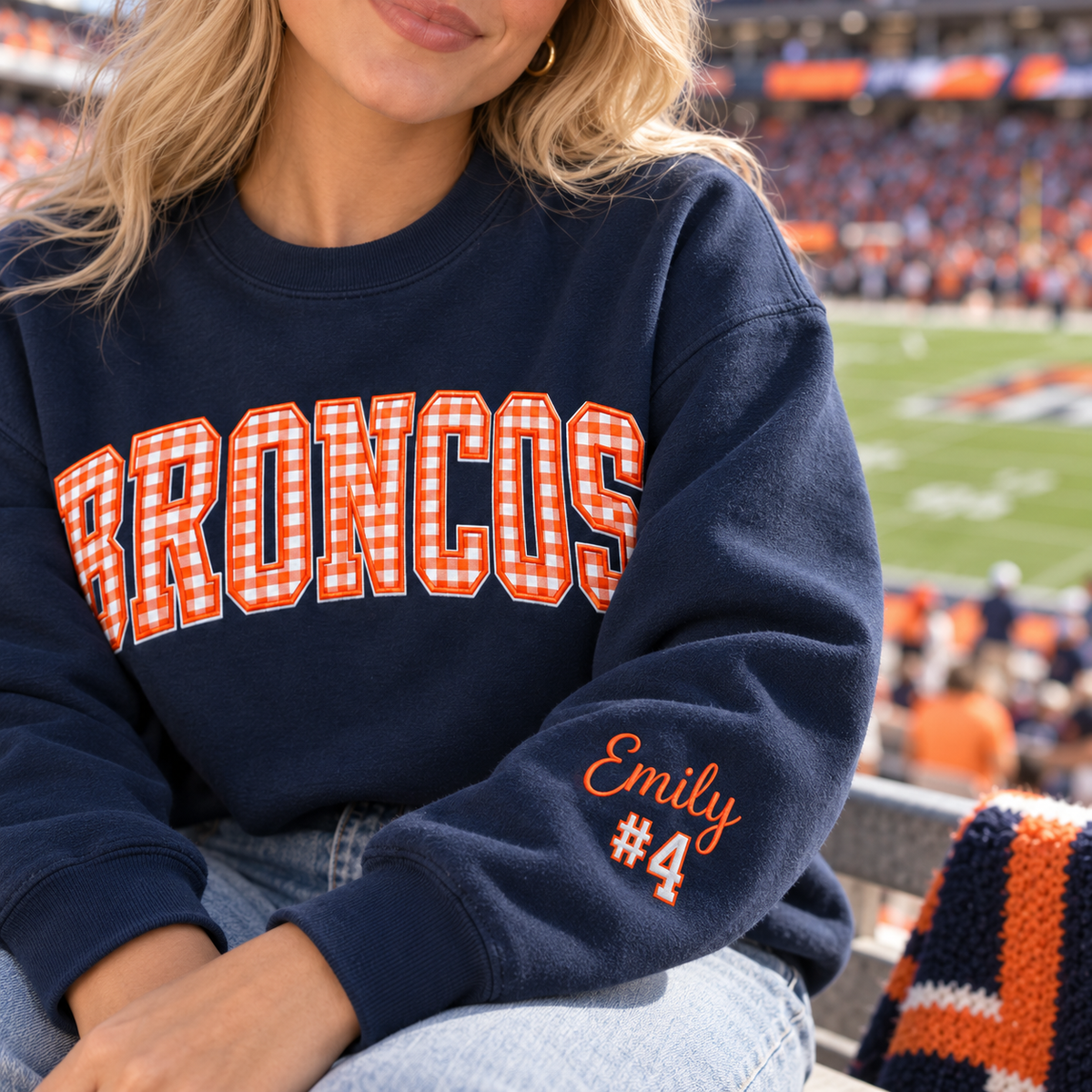 Custom Embroidered Gingham Football Sweatshirt, Personalized Football Family Crewneck, Matching Game Day Outfit, Varsity Stadium Spirit Wear