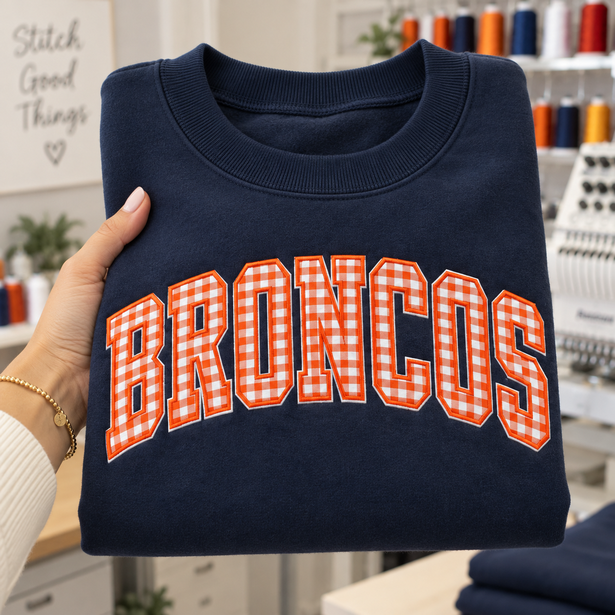 Custom Embroidered Gingham Football Sweatshirt, Personalized Football Family Crewneck, Matching Game Day Outfit, Varsity Stadium Spirit Wear