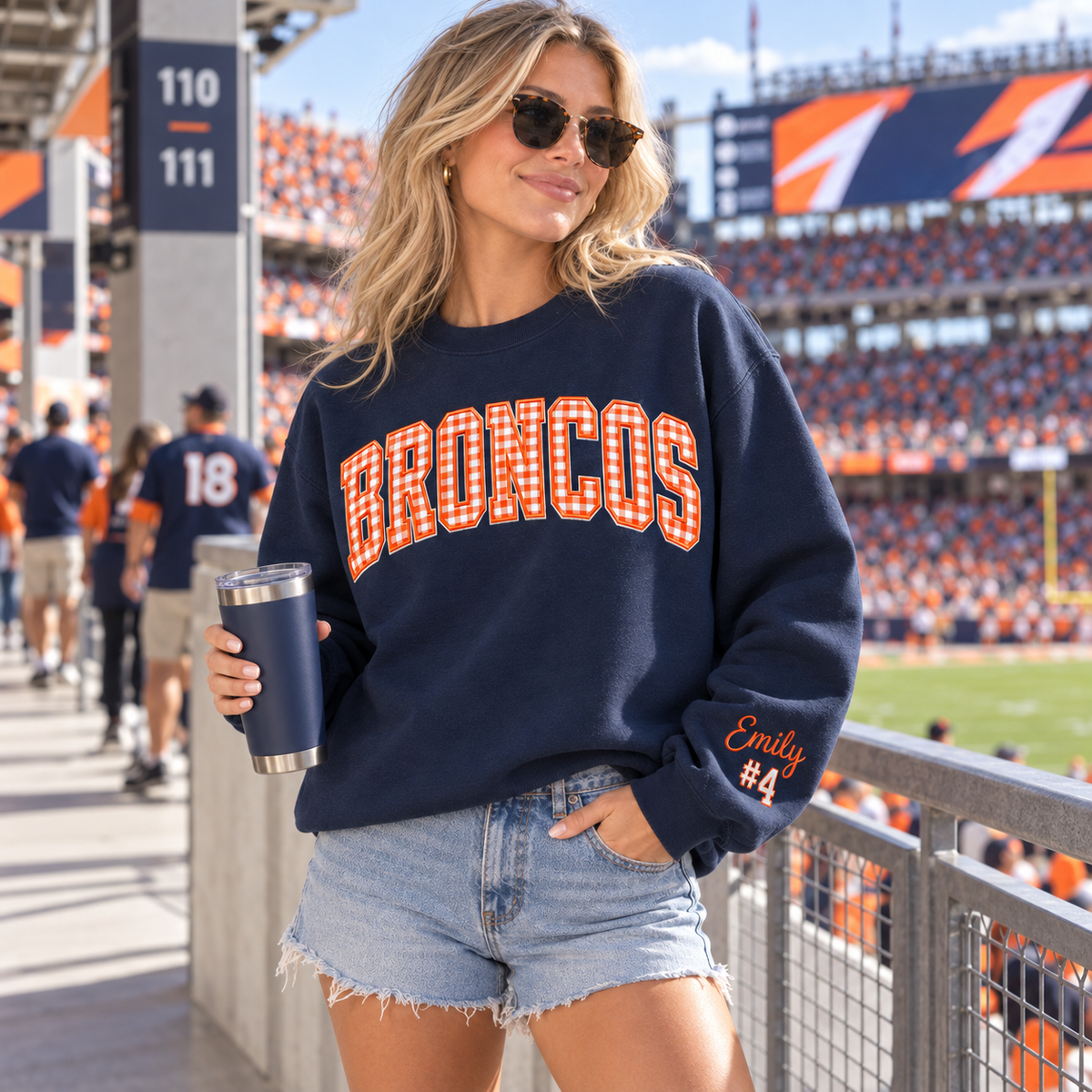 Custom Embroidered Gingham Football Sweatshirt, Personalized Football Family Crewneck, Matching Game Day Outfit, Varsity Stadium Spirit Wear