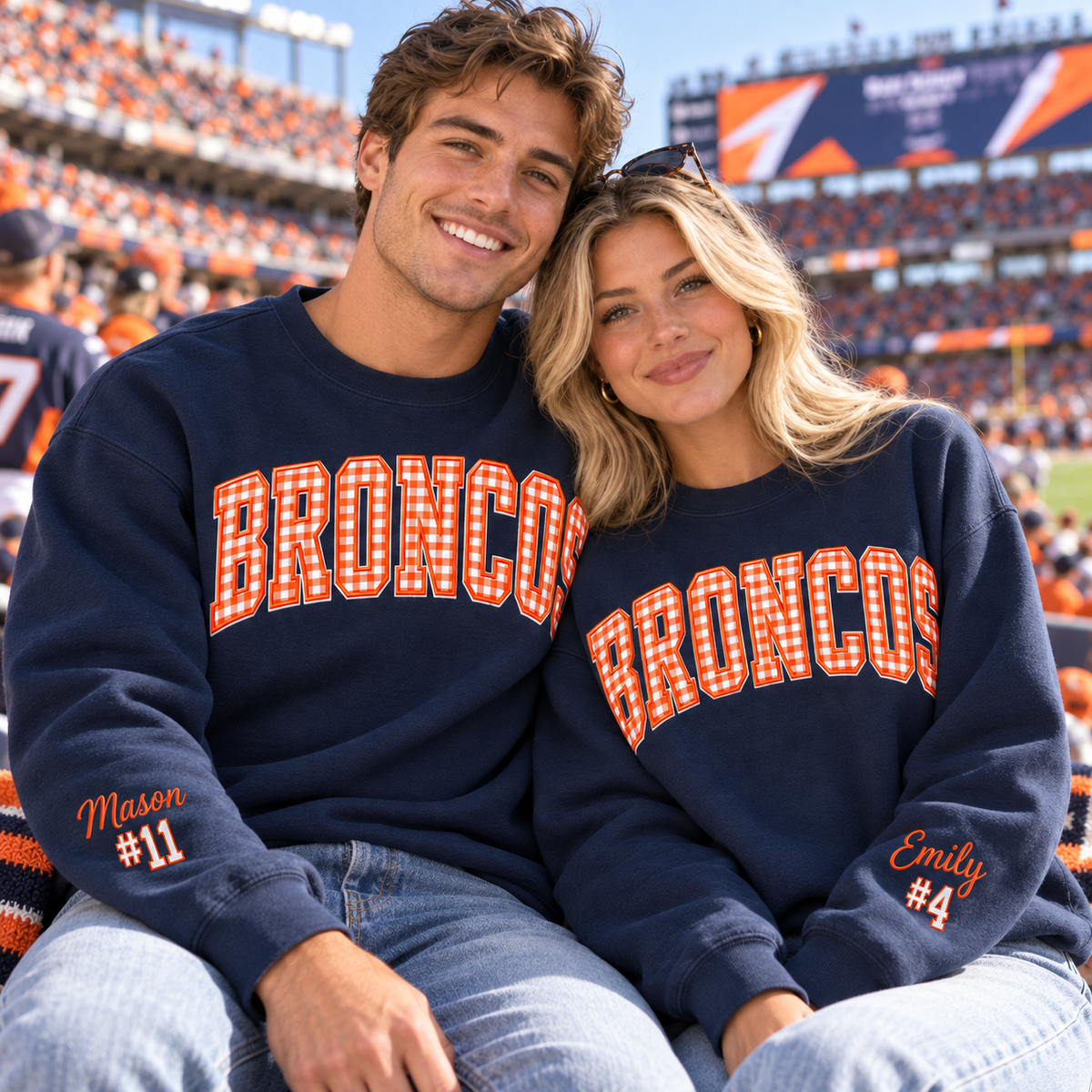 Custom Embroidered Gingham Football Sweatshirt, Personalized Football Family Crewneck, Matching Game Day Outfit, Varsity Stadium Spirit Wear