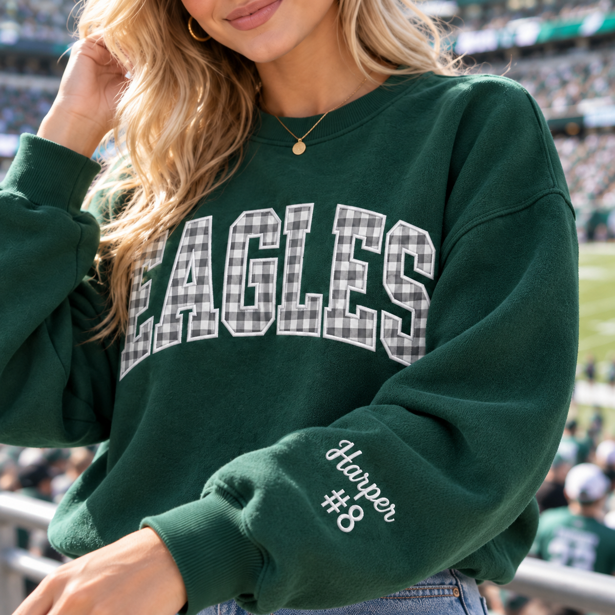 Custom Embroidered Gingham Football Sweatshirt, Personalized Senior Season Crewneck, Player Number Sleeve, Game Day Keepsake Gift for Family
