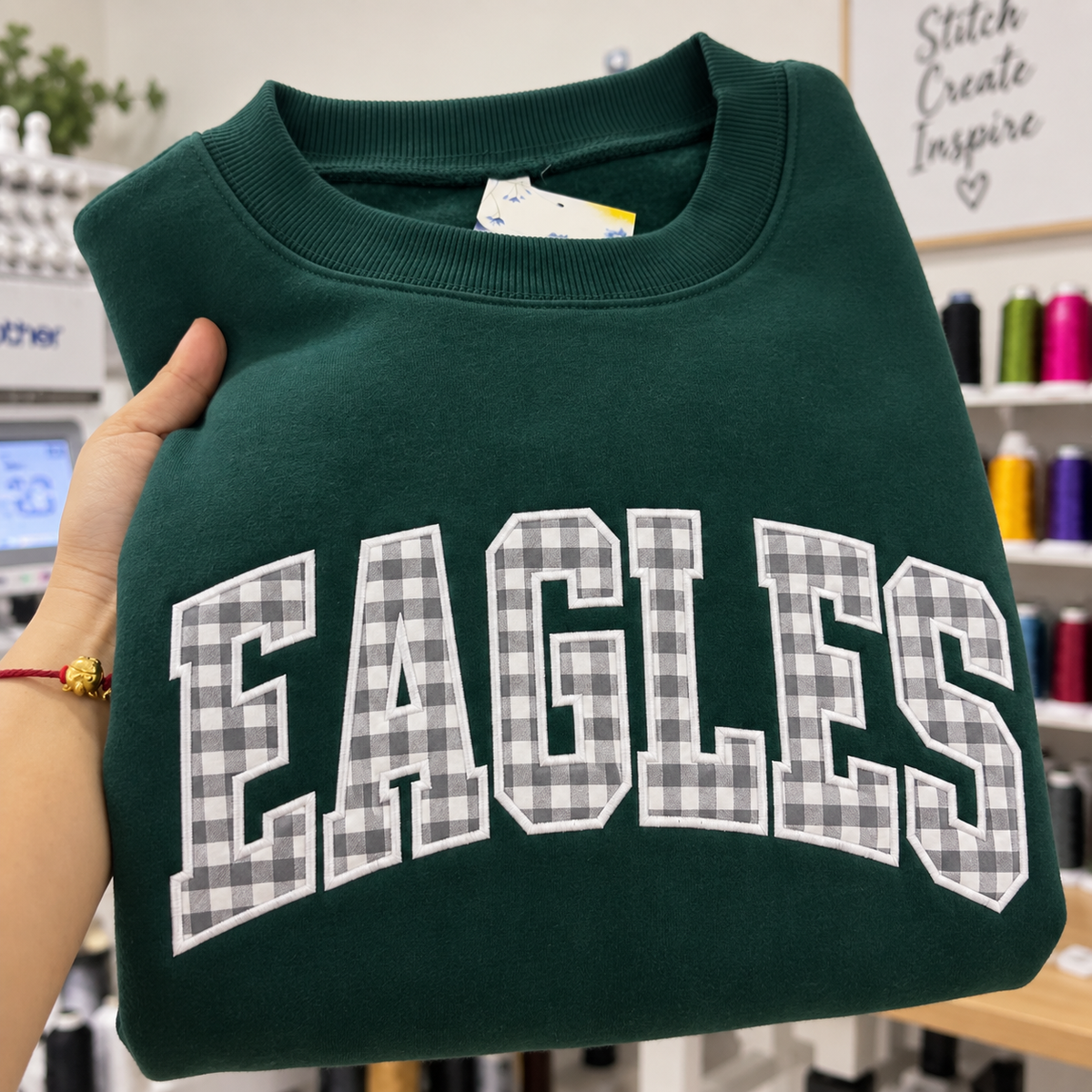 Custom Embroidered Gingham Football Sweatshirt, Personalized Senior Season Crewneck, Player Number Sleeve, Game Day Keepsake Gift for Family