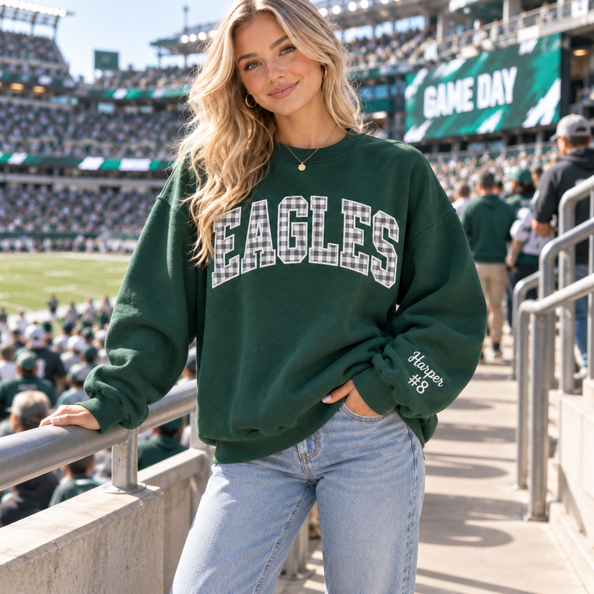 Custom Embroidered Gingham Football Sweatshirt, Personalized Senior Season Crewneck, Player Number Sleeve, Game Day Keepsake Gift for Family