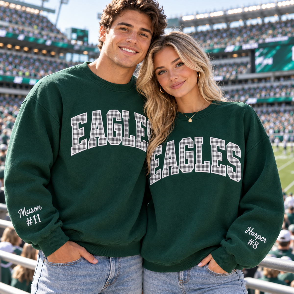 Custom Embroidered Gingham Football Sweatshirt, Personalized Senior Season Crewneck, Player Number Sleeve, Game Day Keepsake Gift for Family
