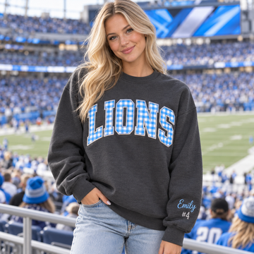 Custom Embroidered Gingham Applique Football Sweatshirt, Personalized Student Crewneck, Back to School Spirit Wear, Varsity Game Day Style