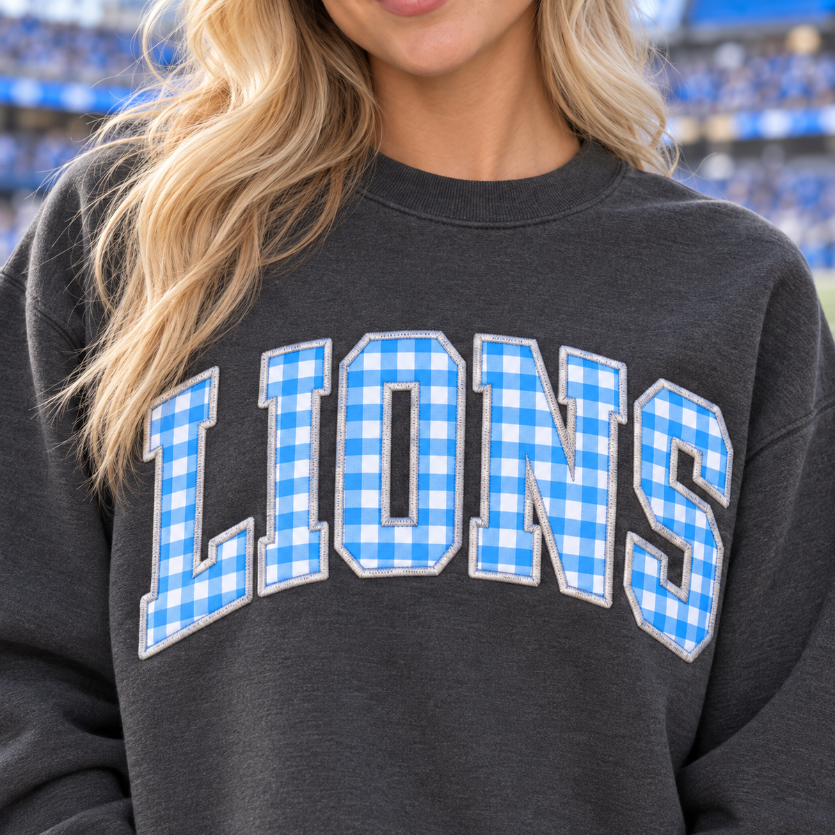Custom Embroidered Gingham Applique Football Sweatshirt, Personalized Student Crewneck, Back to School Spirit Wear, Varsity Game Day Style