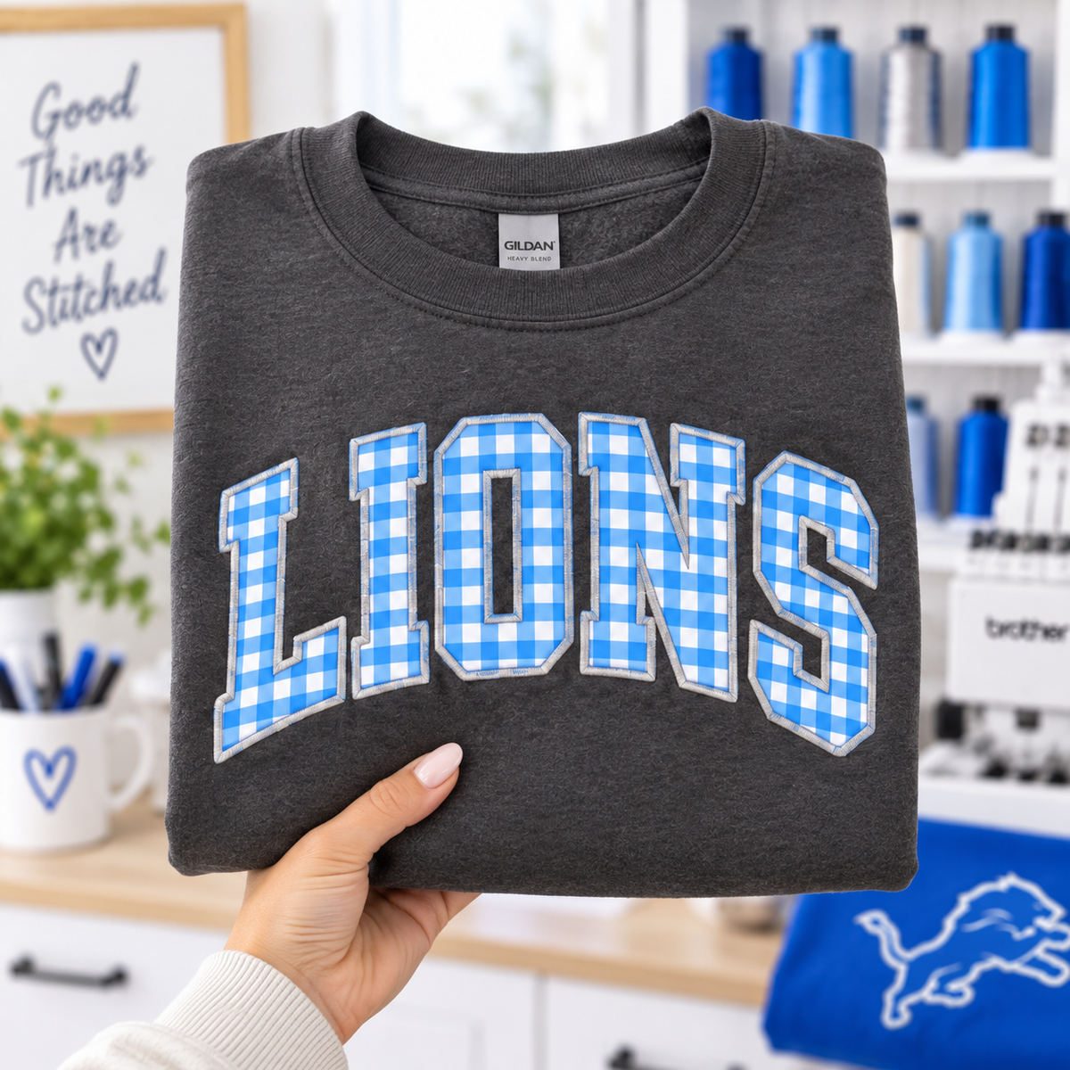 Custom Embroidered Gingham Applique Football Sweatshirt, Personalized Student Crewneck, Back to School Spirit Wear, Varsity Game Day Style