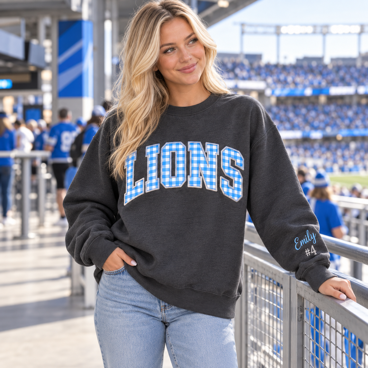 Custom Embroidered Gingham Applique Football Sweatshirt, Personalized Student Crewneck, Back to School Spirit Wear, Varsity Game Day Style