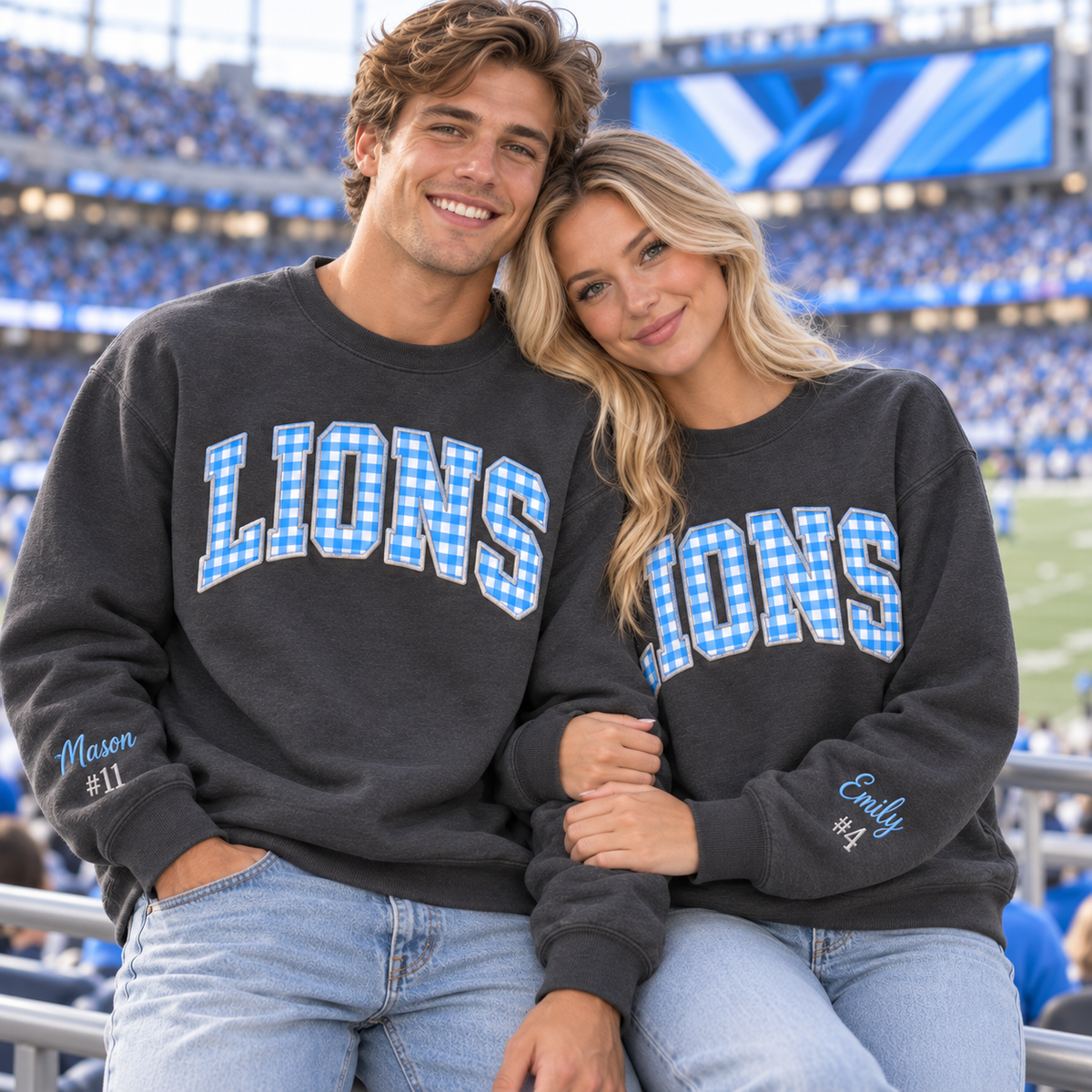 Custom Embroidered Gingham Applique Football Sweatshirt, Personalized Student Crewneck, Back to School Spirit Wear, Varsity Game Day Style