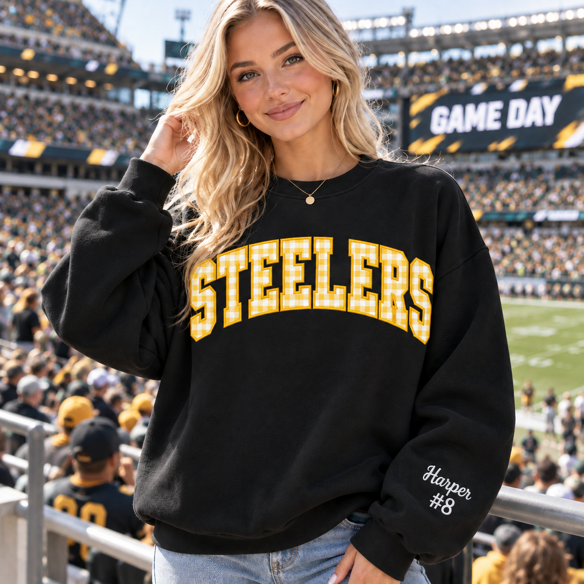 Custom Embroidered Gingham Applique Football Sweatshirt, Personalized Stadium Crewneck, Varsity Game Day Style, Sports Supporter Gift