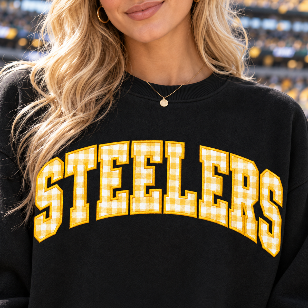 Custom Embroidered Gingham Applique Football Sweatshirt, Personalized Stadium Crewneck, Varsity Game Day Style, Sports Supporter Gift