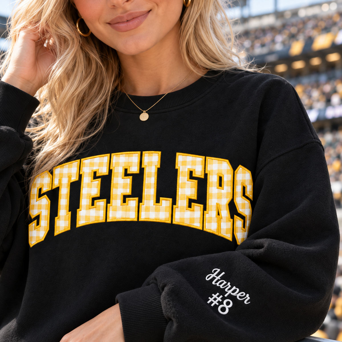 Custom Embroidered Gingham Applique Football Sweatshirt, Personalized Stadium Crewneck, Varsity Game Day Style, Sports Supporter Gift