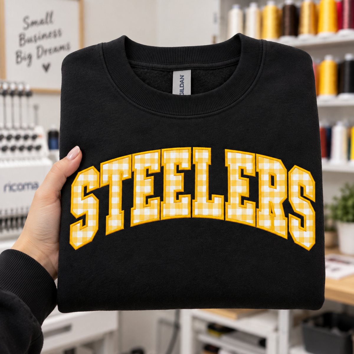 Custom Embroidered Gingham Applique Football Sweatshirt, Personalized Stadium Crewneck, Varsity Game Day Style, Sports Supporter Gift