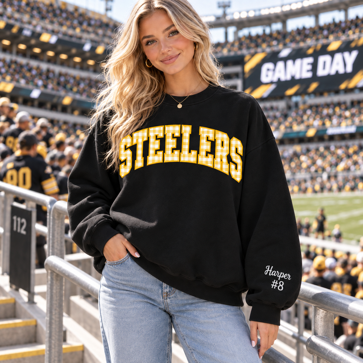 Custom Embroidered Gingham Applique Football Sweatshirt, Personalized Stadium Crewneck, Varsity Game Day Style, Sports Supporter Gift