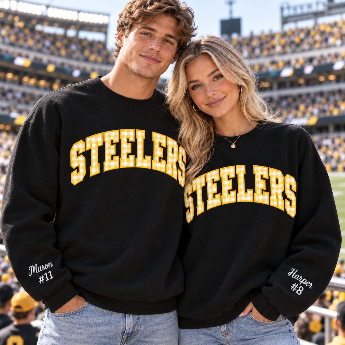 Custom Embroidered Gingham Applique Football Sweatshirt, Personalized Stadium Crewneck, Varsity Game Day Style, Sports Supporter Gift