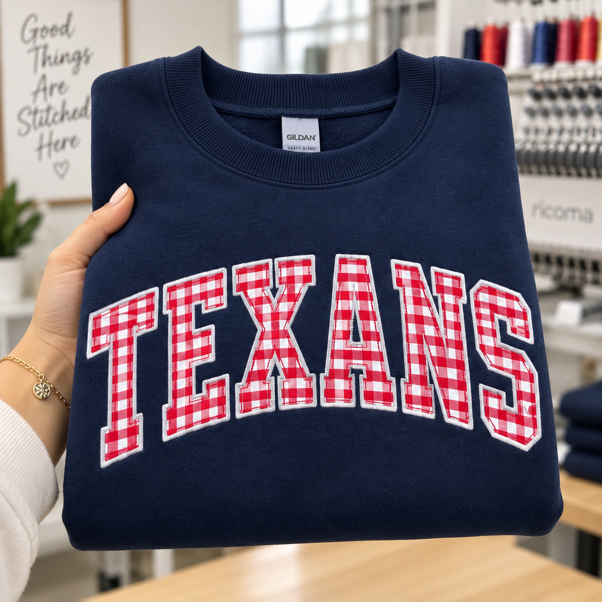 Custom Embroidered Gingham Applique Football Sweatshirt, Personalized Alumni Crewneck, Homecoming Game Day Gift, Collegiate Spirit Wear
