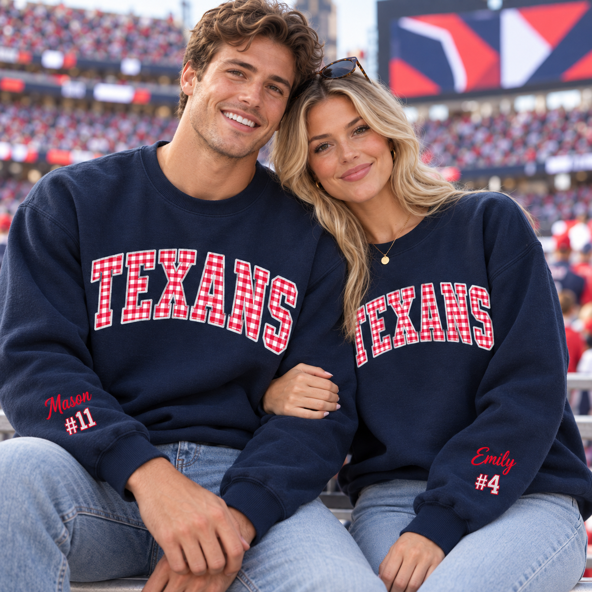 Custom Embroidered Gingham Applique Football Sweatshirt, Personalized Alumni Crewneck, Homecoming Game Day Gift, Collegiate Spirit Wear
