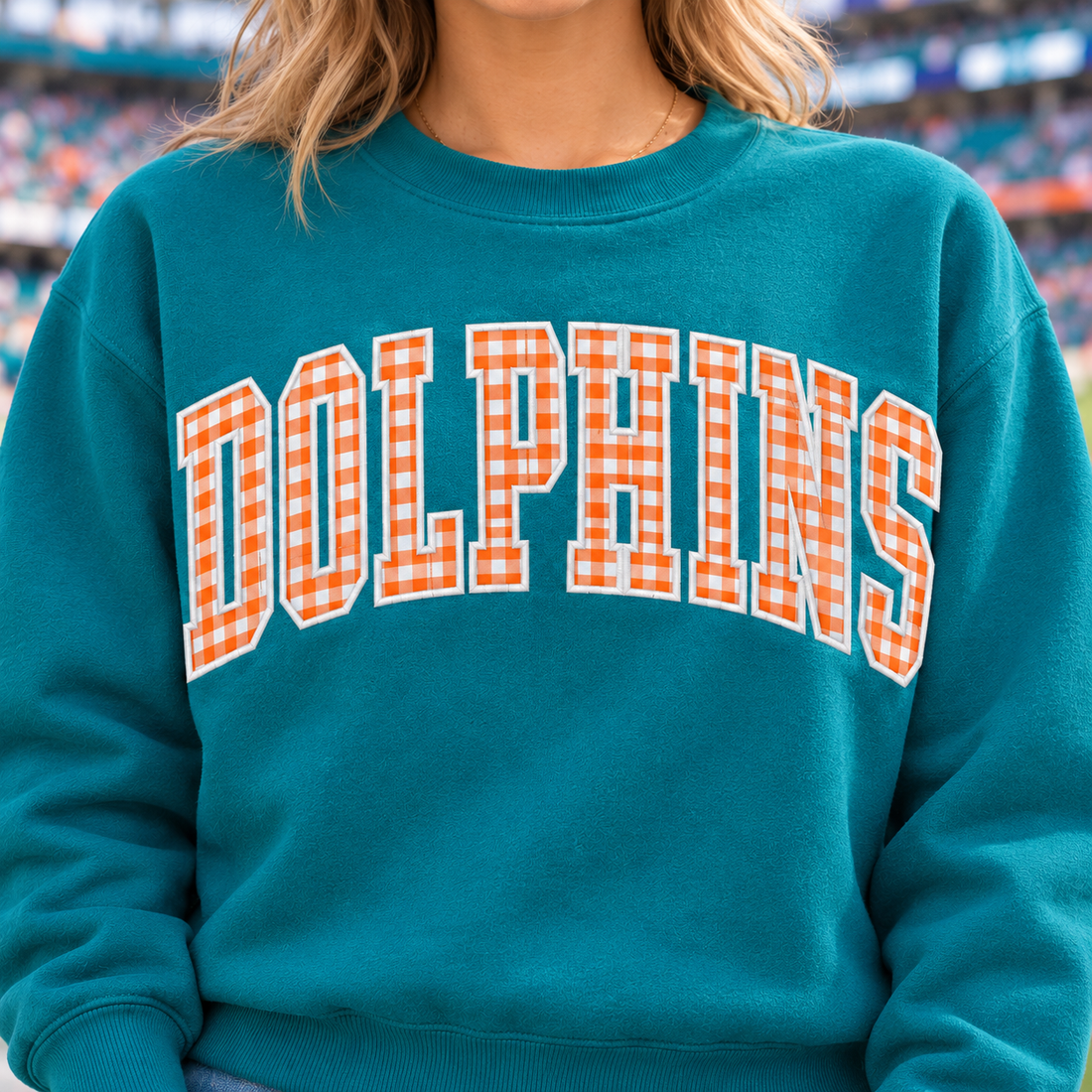 Custom Embroidered Gingham Football Sweatshirt, Personalized Tailgate Crewneck, Collegiate Game Day Outfit, Stadium Style Sports Fan Gift