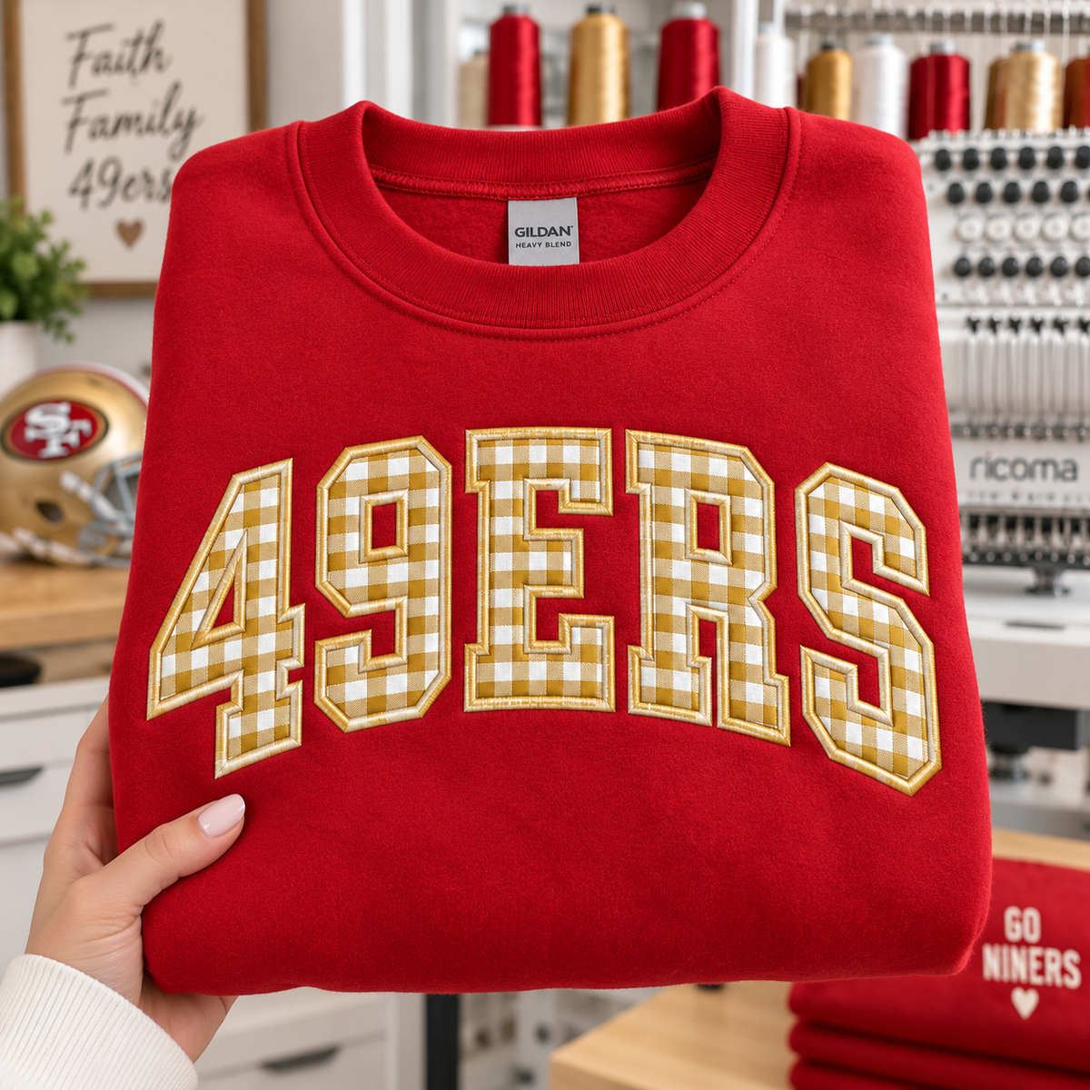 Custom Embroidered Gingham Football Sweatshirt, Personalized Team Support Crewneck, Preppy Collegiate Tailgate Outfit, Football Fan Gift