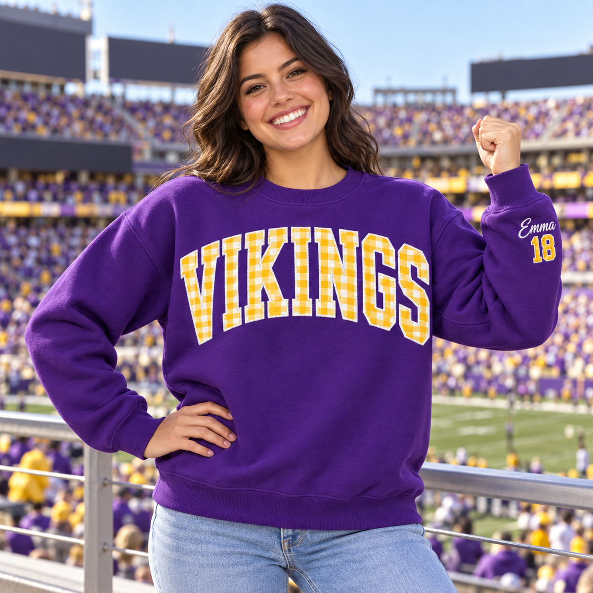 Custom Embroidered Gingham Applique Football Sweatshirt, Personalized Homecoming Crewneck, Varsity School Spirit Gift, Preppy Game Day Style