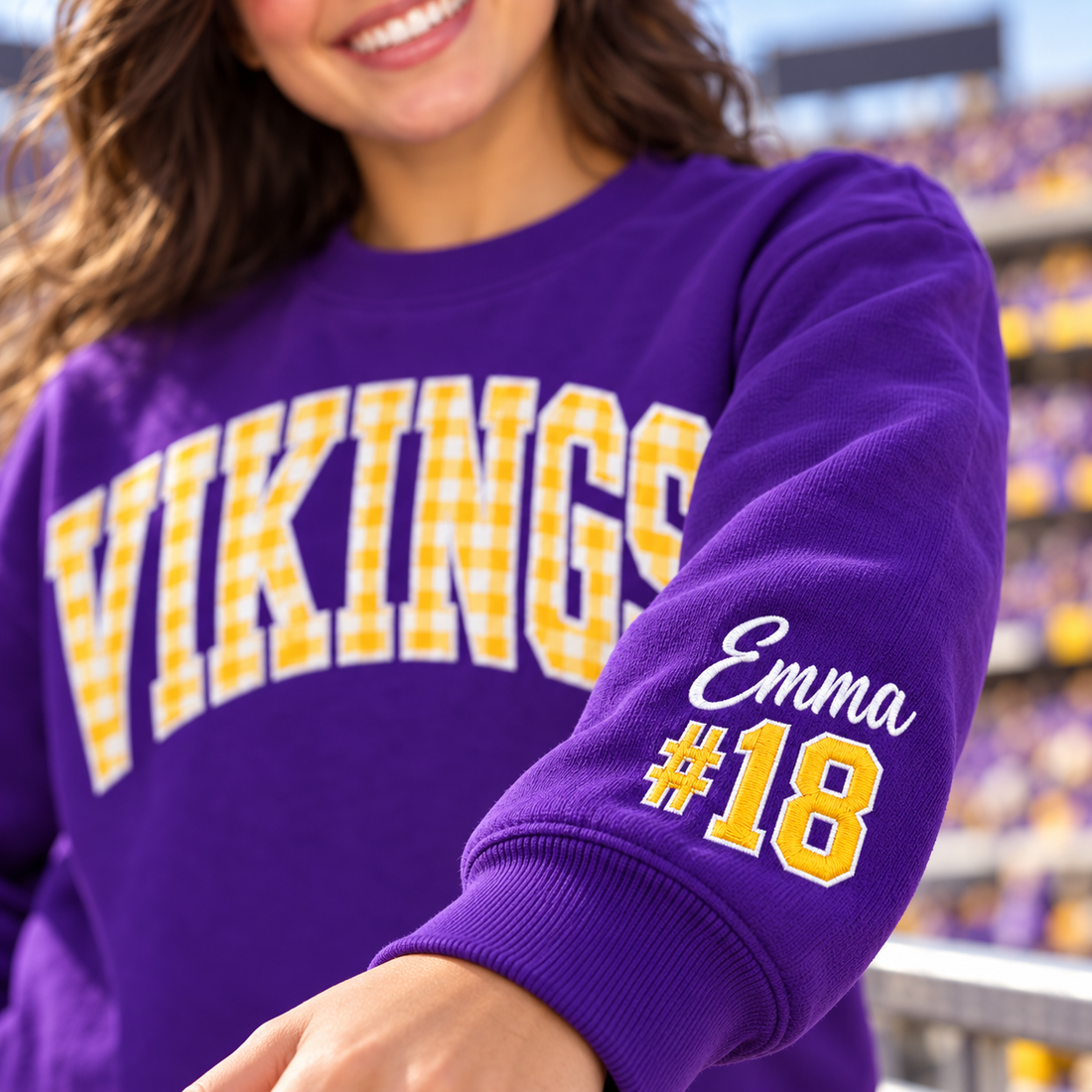 Custom Embroidered Gingham Applique Football Sweatshirt, Personalized Homecoming Crewneck, Varsity School Spirit Gift, Preppy Game Day Style