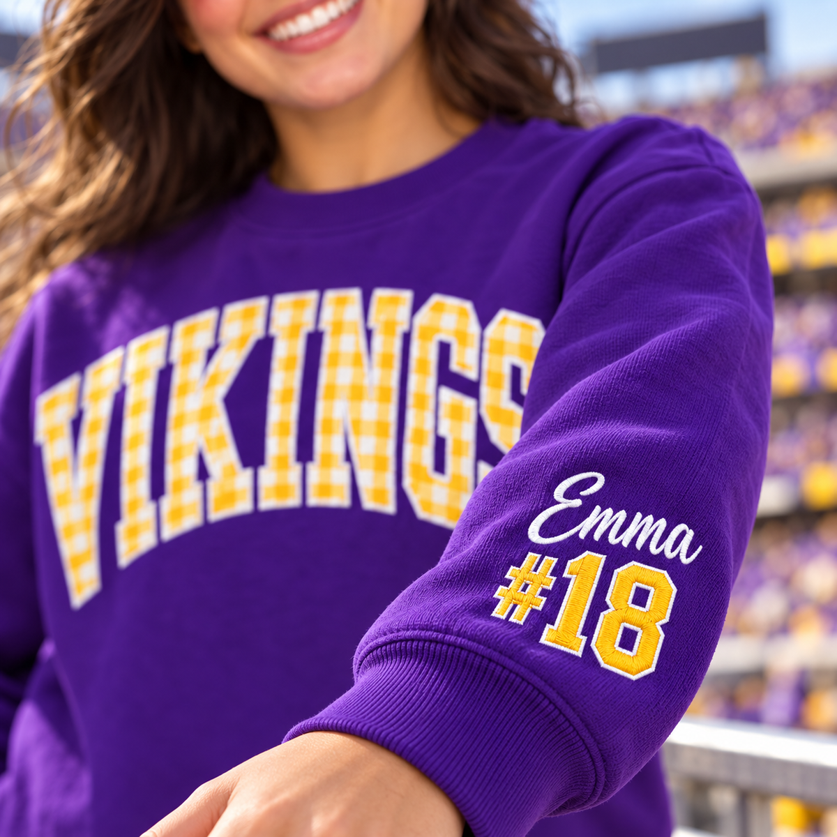 Custom Embroidered Gingham Applique Football Sweatshirt, Personalized Homecoming Crewneck, Varsity School Spirit Gift, Preppy Game Day Style