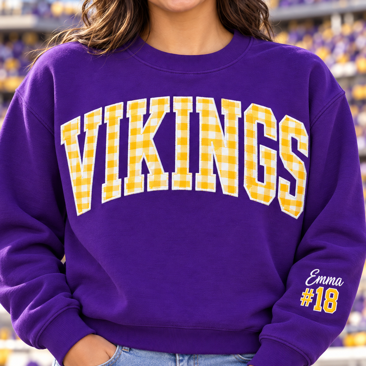 Custom Embroidered Gingham Applique Football Sweatshirt, Personalized Homecoming Crewneck, Varsity School Spirit Gift, Preppy Game Day Style