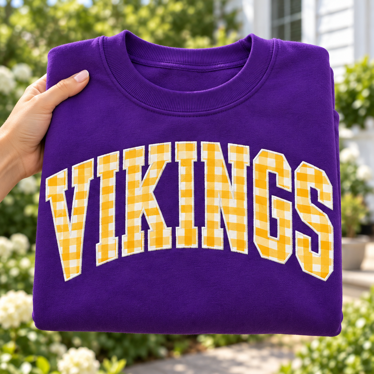 Custom Embroidered Gingham Applique Football Sweatshirt, Personalized Homecoming Crewneck, Varsity School Spirit Gift, Preppy Game Day Style