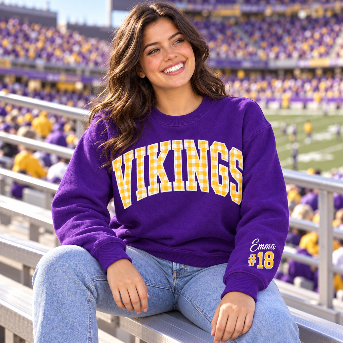 Custom Embroidered Gingham Applique Football Sweatshirt, Personalized Homecoming Crewneck, Varsity School Spirit Gift, Preppy Game Day Style