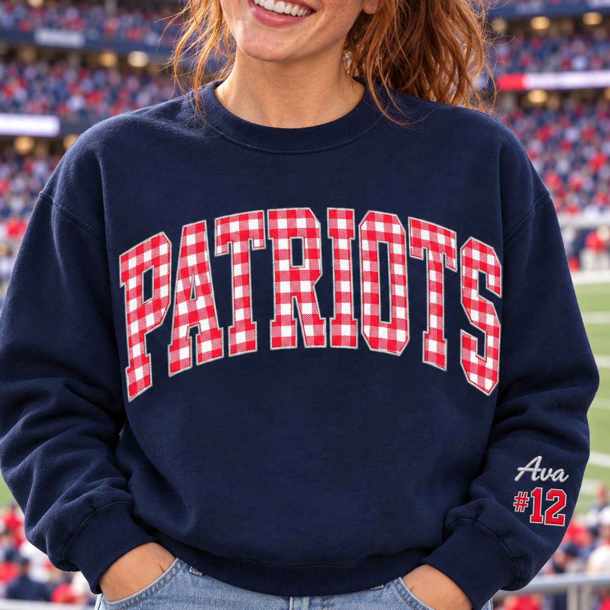 Custom Embroidered Gingham Football Sweatshirt, Personalized Player Support Crewneck, Sleeve Name Number, Proud Family Game Day Keepsake