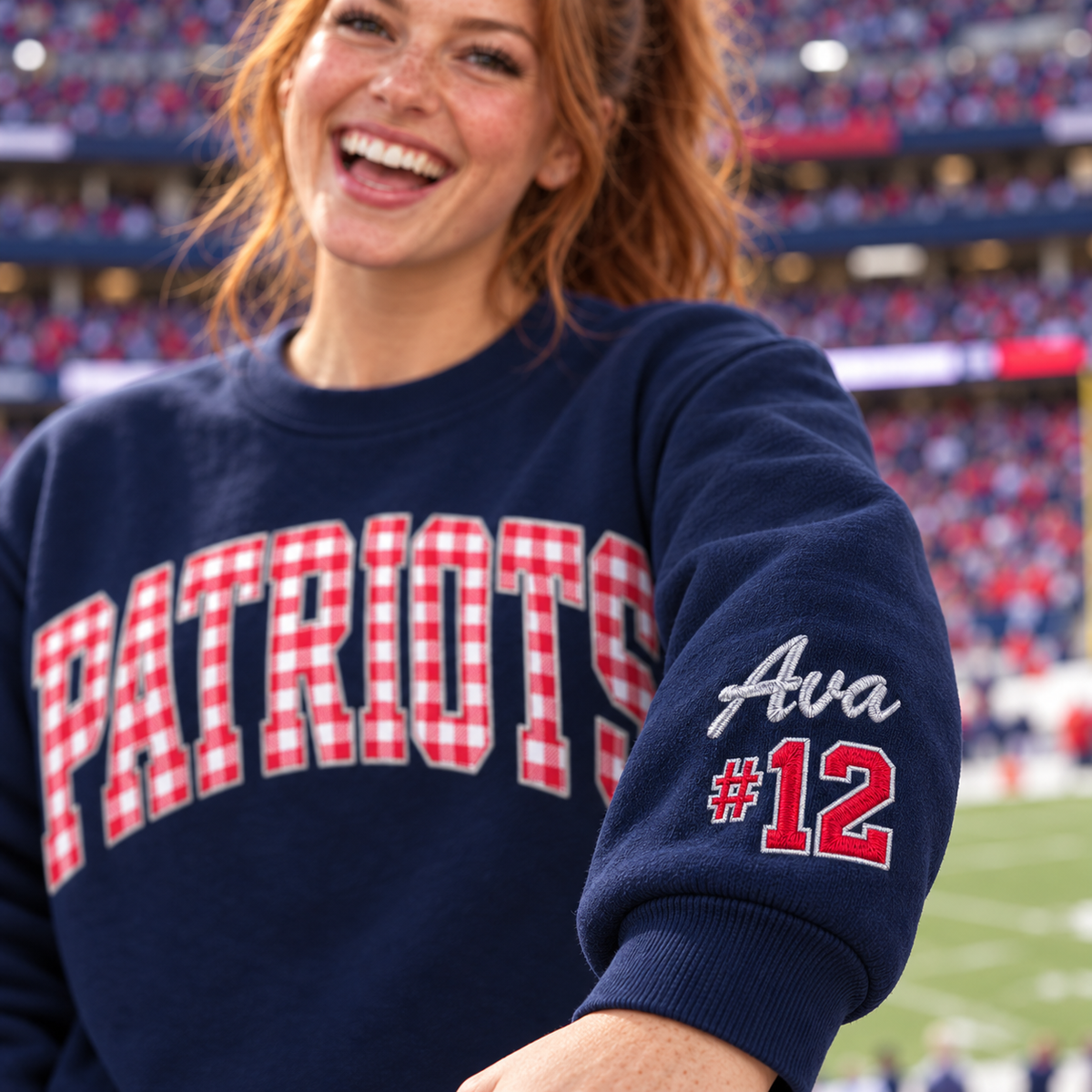 Custom Embroidered Gingham Football Sweatshirt, Personalized Player Support Crewneck, Sleeve Name Number, Proud Family Game Day Keepsake