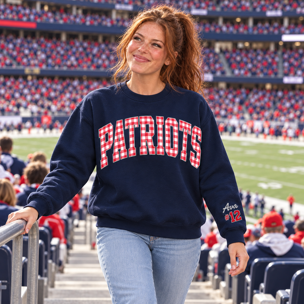 Custom Embroidered Gingham Football Sweatshirt, Personalized Player Support Crewneck, Sleeve Name Number, Proud Family Game Day Keepsake