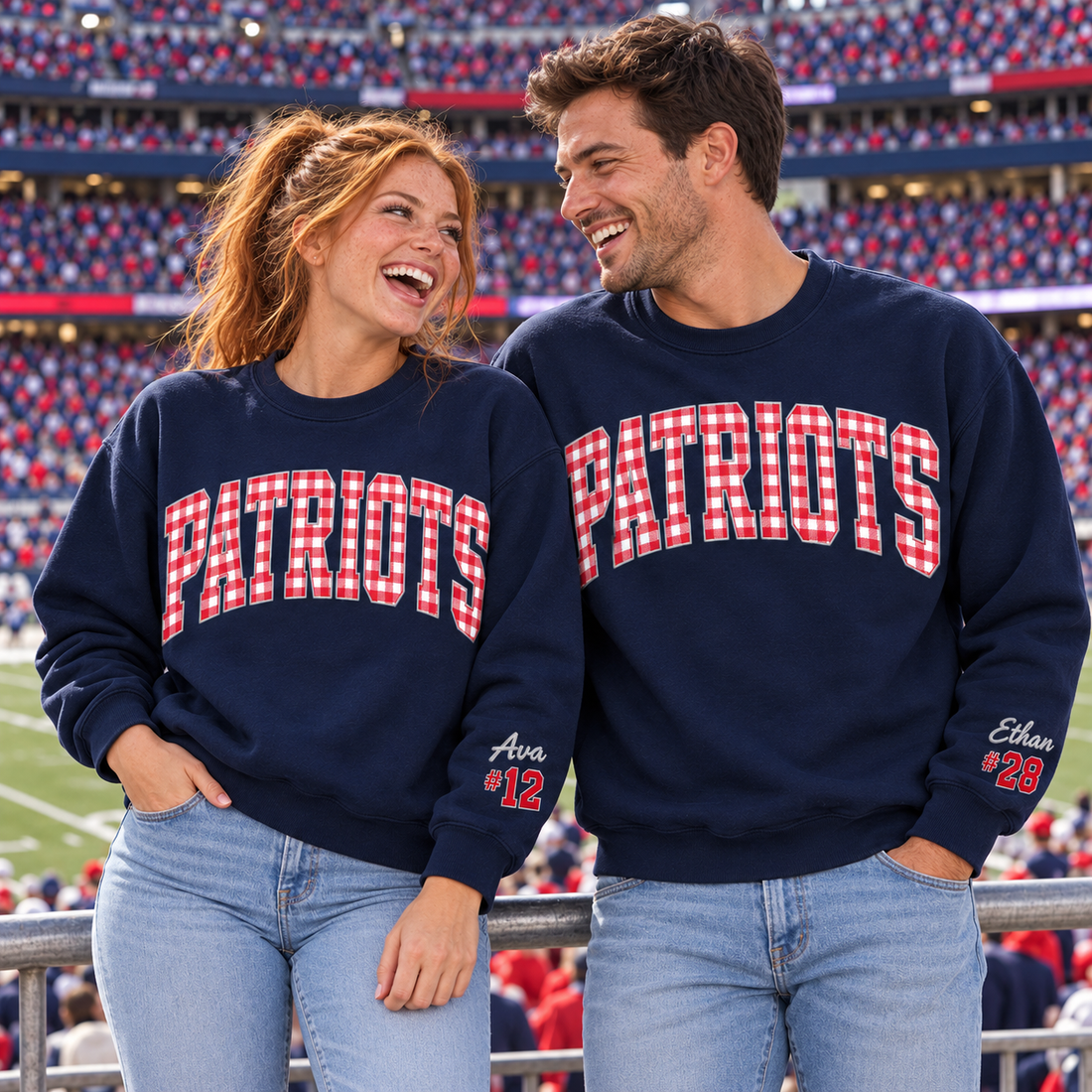 Custom Embroidered Gingham Football Sweatshirt, Personalized Player Support Crewneck, Sleeve Name Number, Proud Family Game Day Keepsake