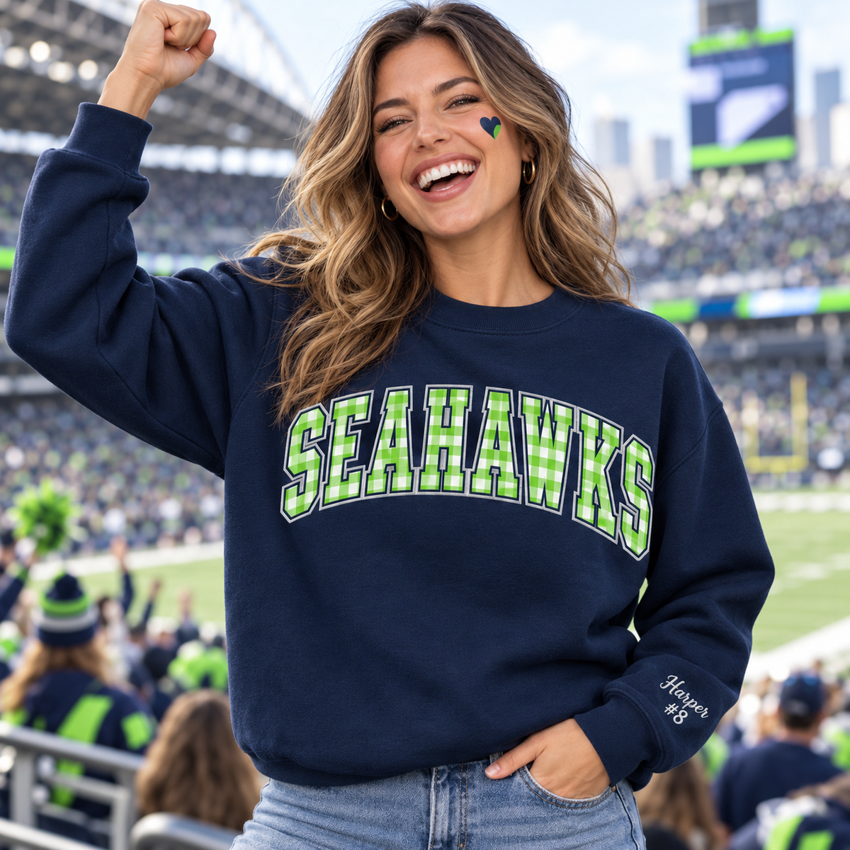 Custom Embroidered Gingham Applique Football Sweatshirt, Personalized Fall Game Day Crewneck, Varsity Tailgate Style, Sports Fan Gift