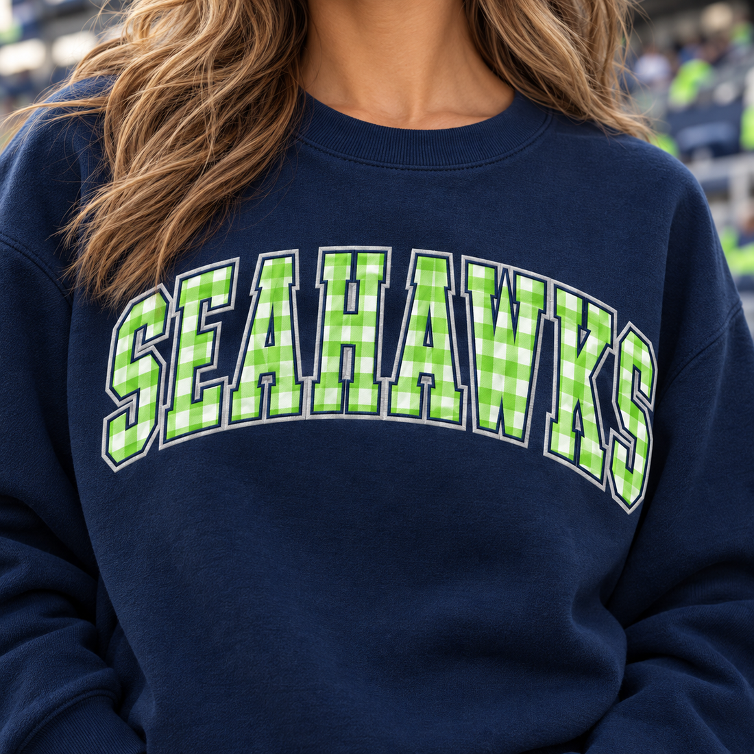 Custom Embroidered Gingham Applique Football Sweatshirt, Personalized Fall Game Day Crewneck, Varsity Tailgate Style, Sports Fan Gift
