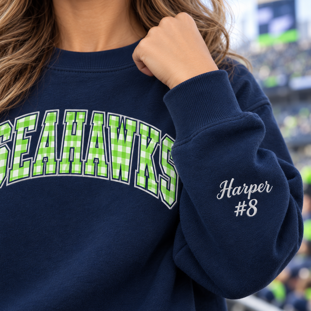 Custom Embroidered Gingham Applique Football Sweatshirt, Personalized Fall Game Day Crewneck, Varsity Tailgate Style, Sports Fan Gift