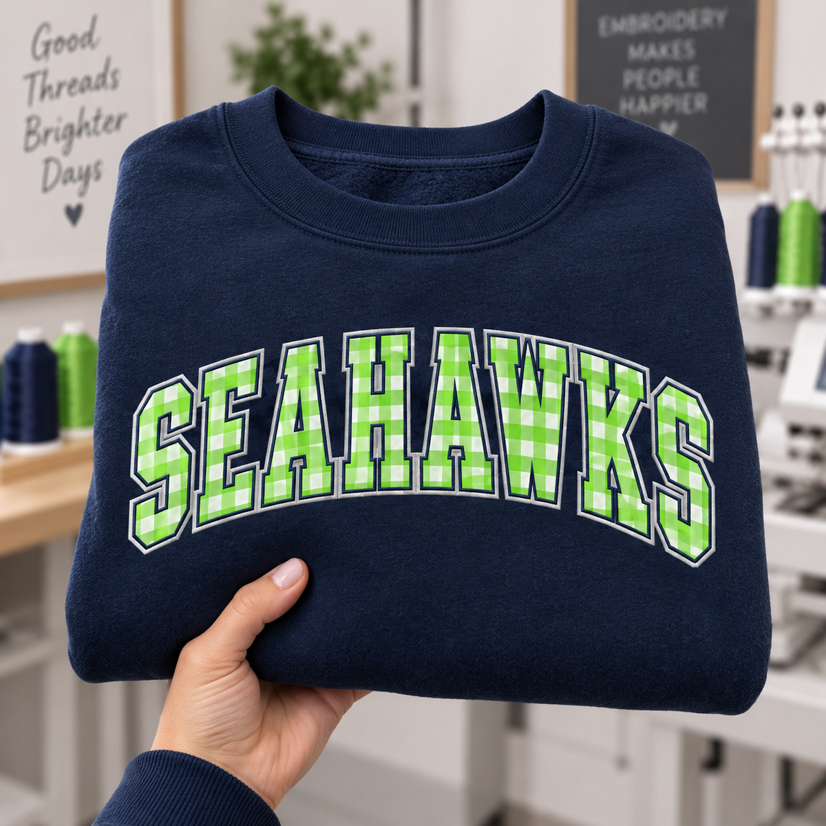 Custom Embroidered Gingham Applique Football Sweatshirt, Personalized Fall Game Day Crewneck, Varsity Tailgate Style, Sports Fan Gift