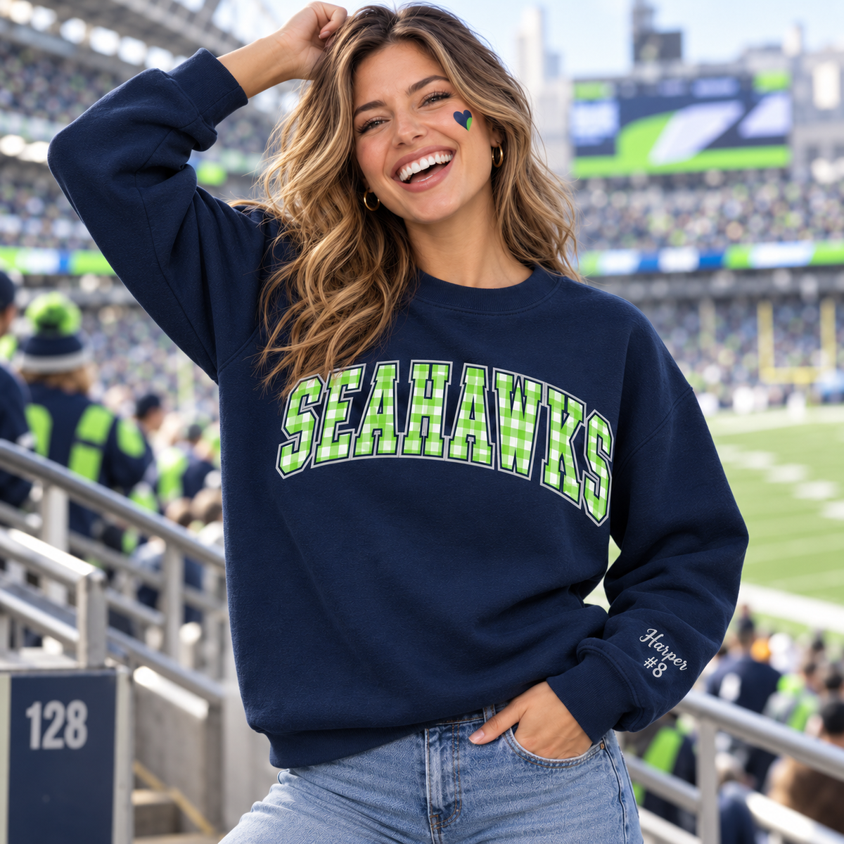 Custom Embroidered Gingham Applique Football Sweatshirt, Personalized Fall Game Day Crewneck, Varsity Tailgate Style, Sports Fan Gift