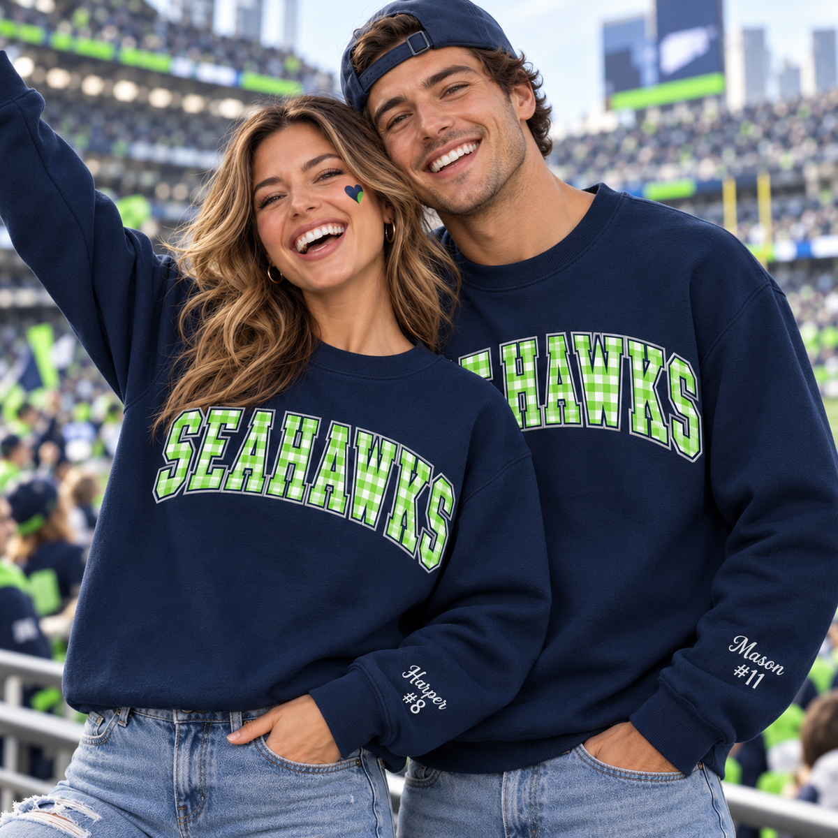Custom Embroidered Gingham Applique Football Sweatshirt, Personalized Fall Game Day Crewneck, Varsity Tailgate Style, Sports Fan Gift