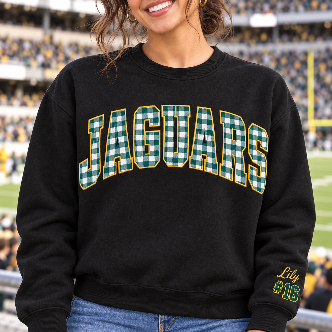 Custom Embroidered Gingham Applique Football Sweatshirt, Personalized Coach Support Crewneck, Team Spirit Gift, Varsity Game Day Outfit Gift
