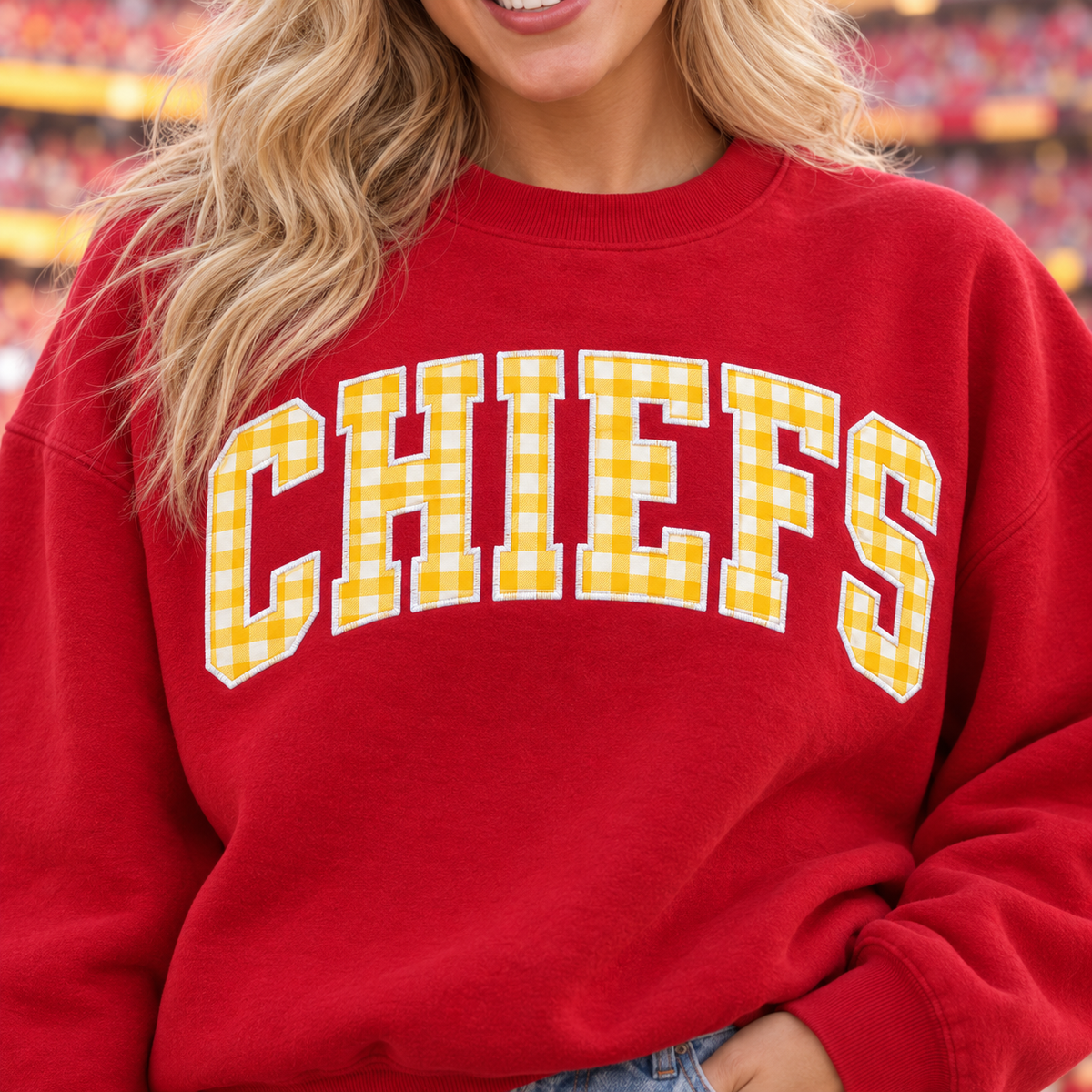 Custom Embroidered Gingham Football Sweatshirt, Personalized Best Friend Game Day Crewneck, Matching Team Spirit Gift, Preppy Varsity Style