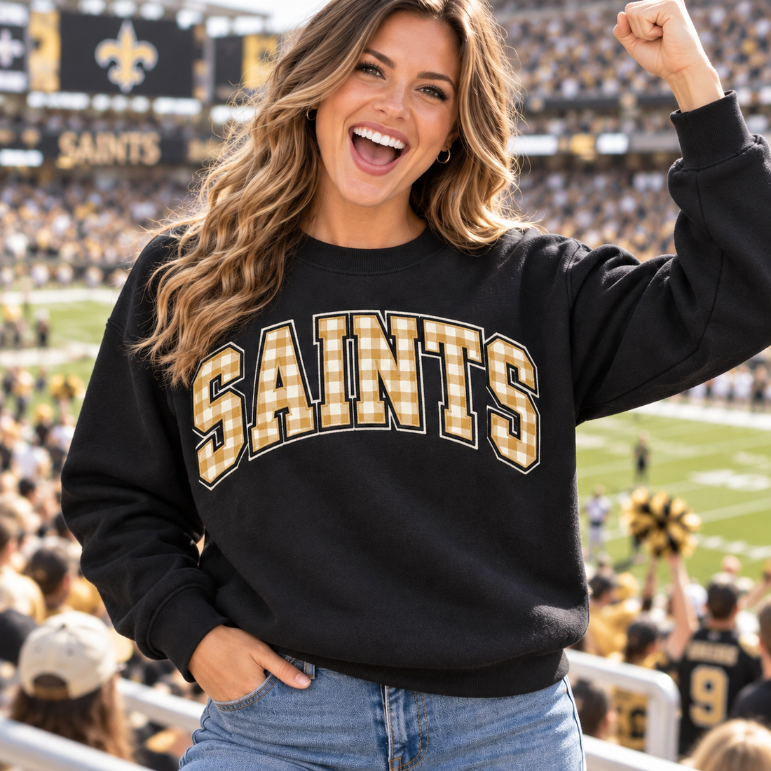 Custom Embroidered Gingham Applique Football Sweatshirt, Personalized Team Color Crewneck, Varsity Stadium Outfit, Collegiate Game Day Style