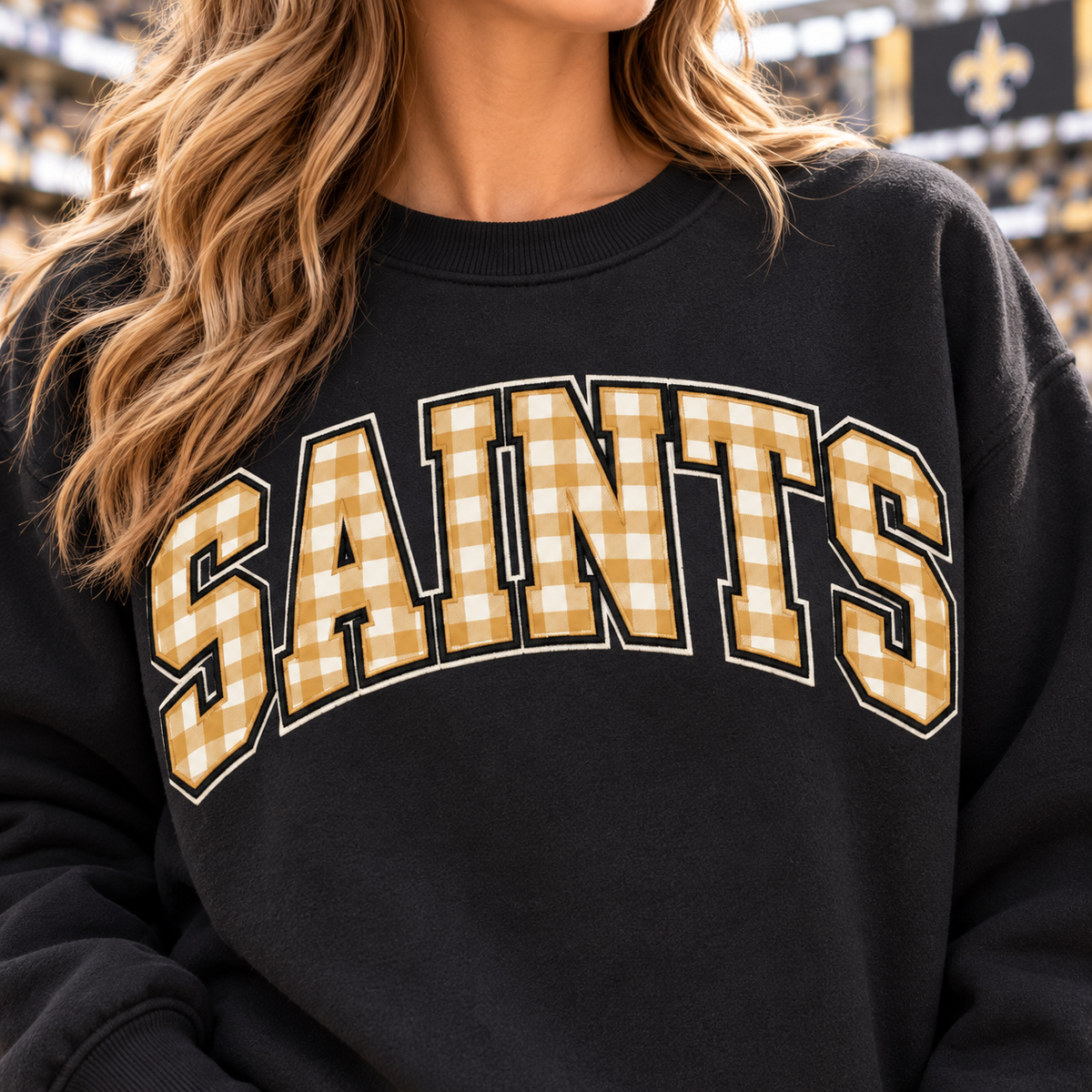 Custom Embroidered Gingham Applique Football Sweatshirt, Personalized Team Color Crewneck, Varsity Stadium Outfit, Collegiate Game Day Style