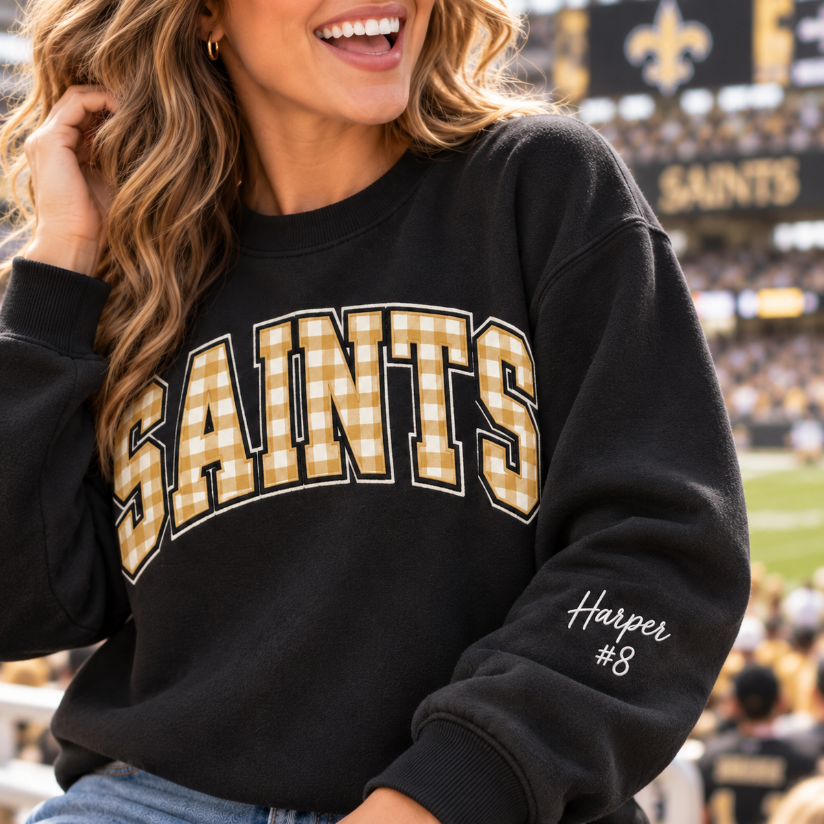 Custom Embroidered Gingham Applique Football Sweatshirt, Personalized Team Color Crewneck, Varsity Stadium Outfit, Collegiate Game Day Style