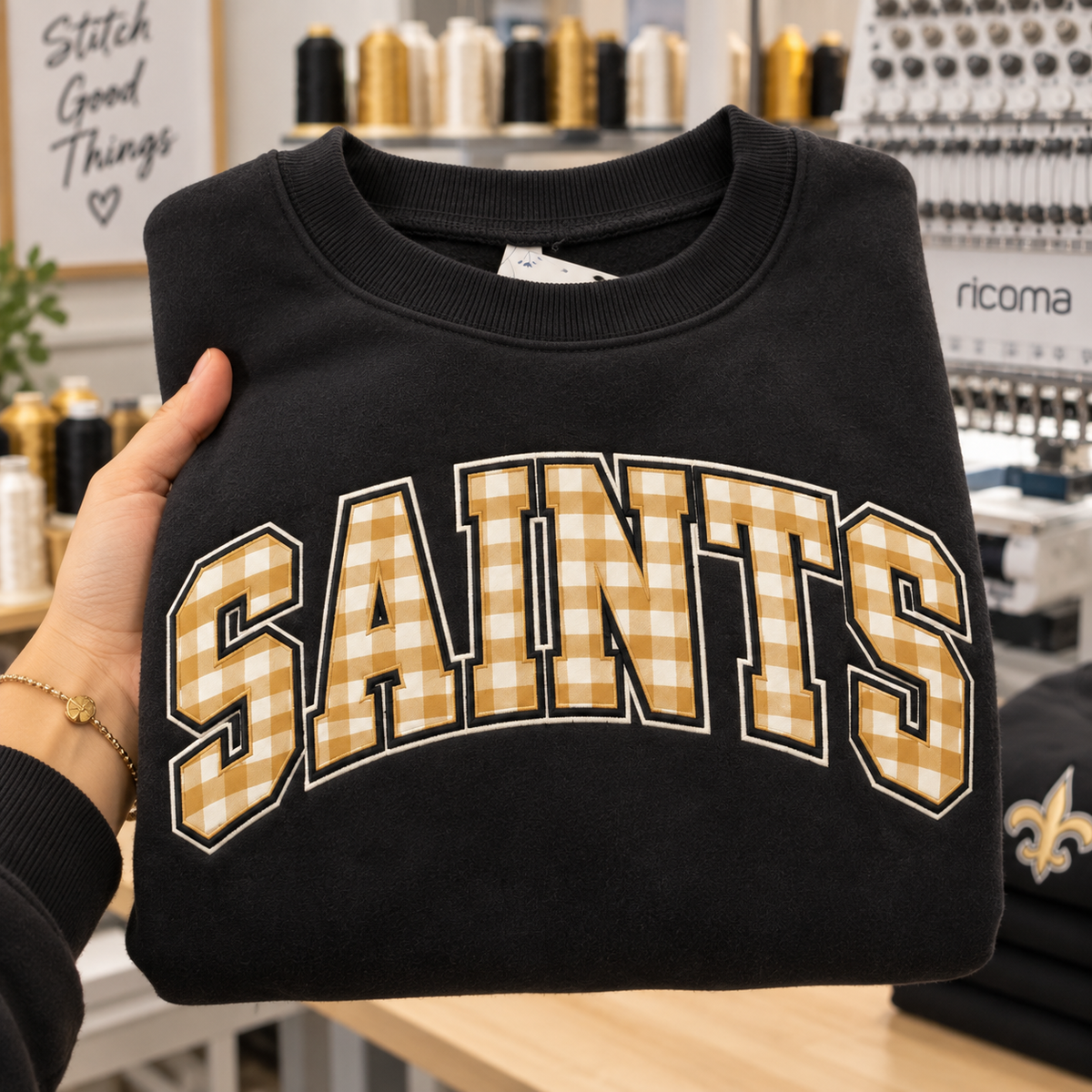 Custom Embroidered Gingham Applique Football Sweatshirt, Personalized Team Color Crewneck, Varsity Stadium Outfit, Collegiate Game Day Style