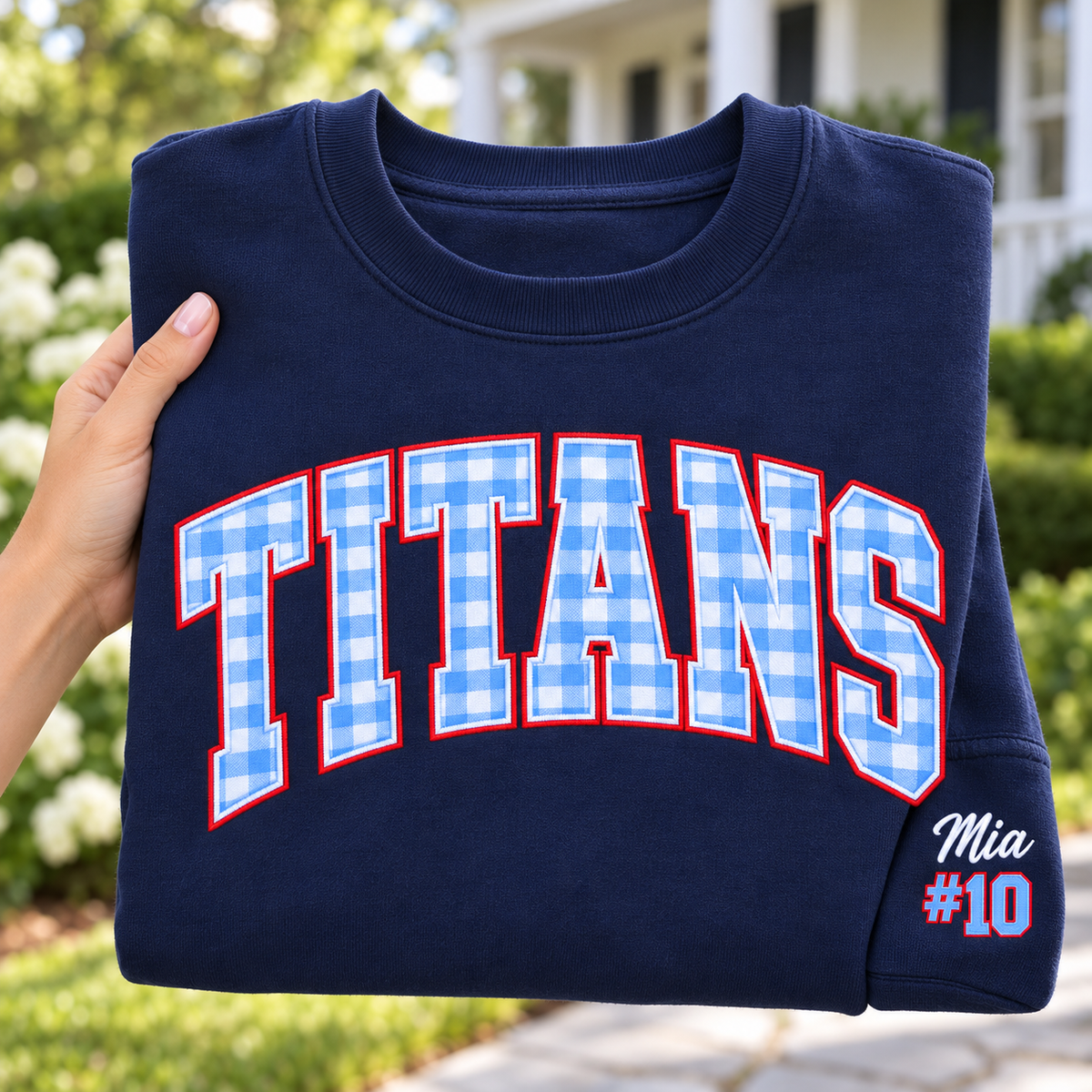 Custom Embroidered Gingham Applique Football Sweatshirt, Personalized Family Support Crewneck, Matching Game Day Style, Team Spirit Gift