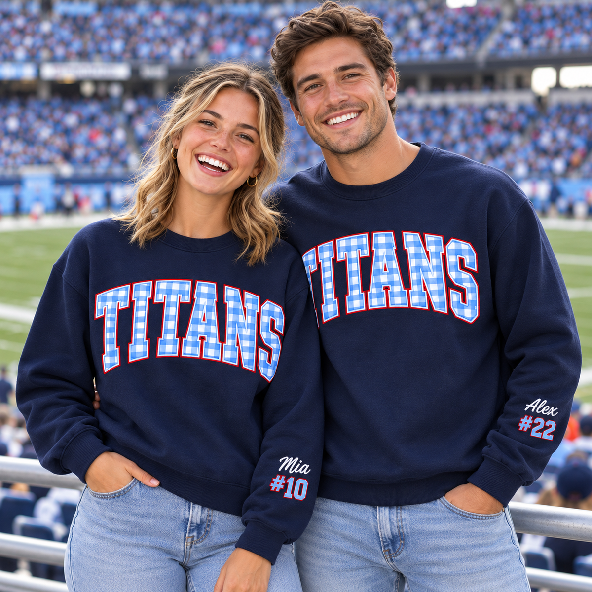 Custom Embroidered Gingham Applique Football Sweatshirt, Personalized Family Support Crewneck, Matching Game Day Style, Team Spirit Gift