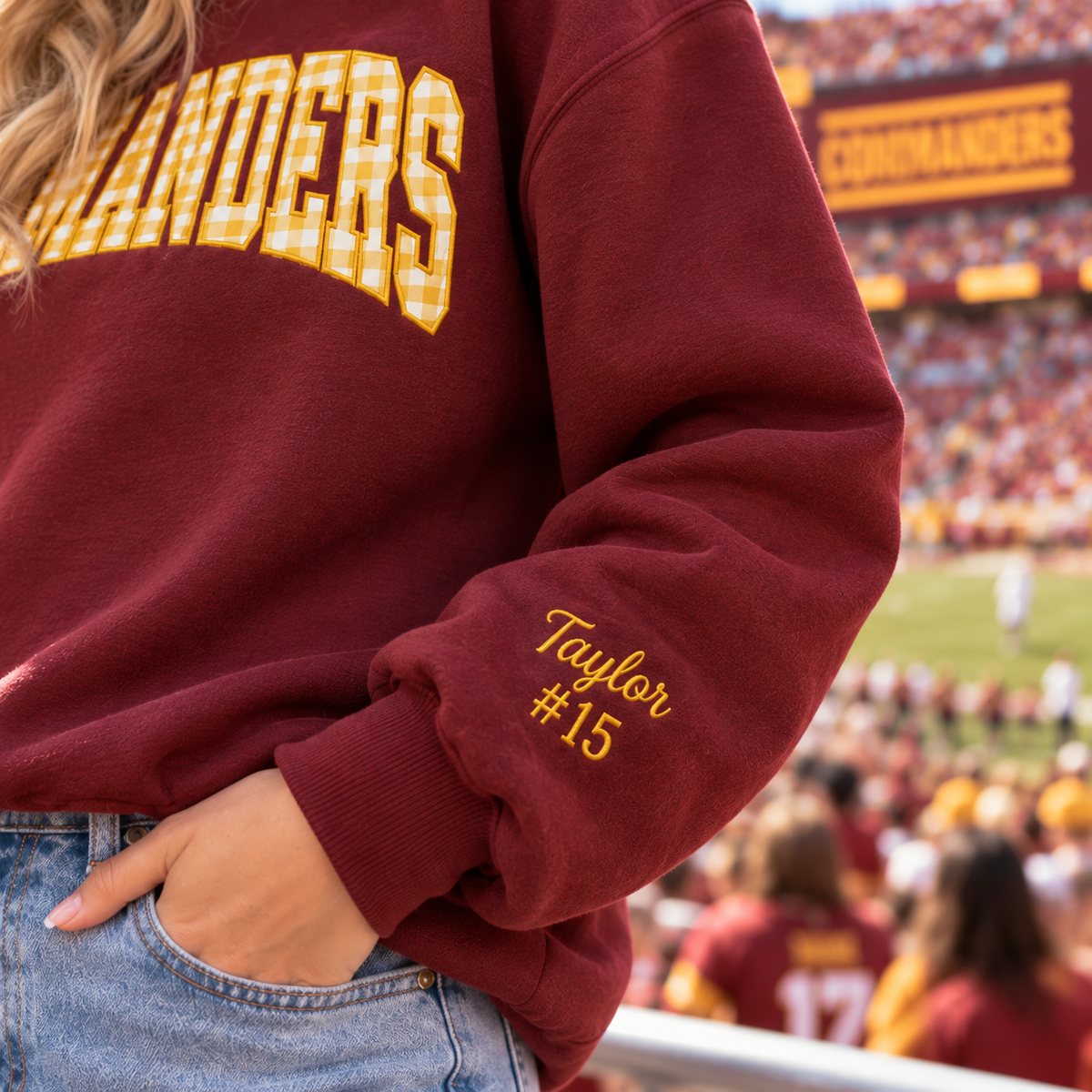Custom Embroidered Gingham Football Sweatshirt, Personalized Player Number Crewneck, Varsity Game Day Keepsake, Football Supporter Gift
