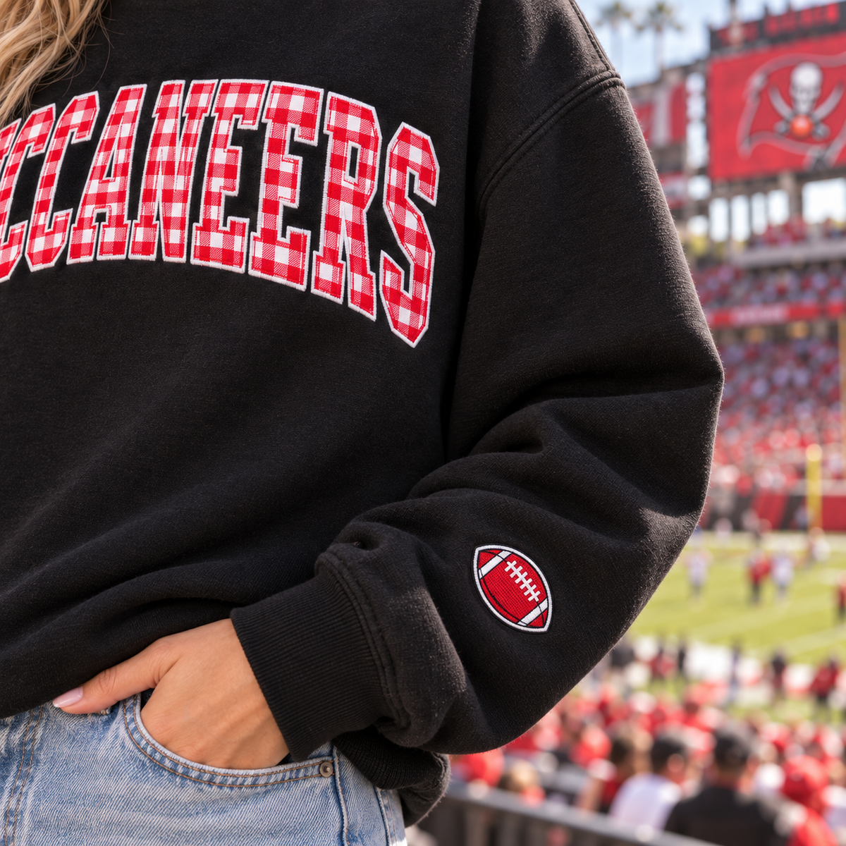 Custom Embroidered Gingham Football Sweatshirt, Personalized Friday Night Crewneck, School Spirit Game Day Outfit, Varsity Football Gift